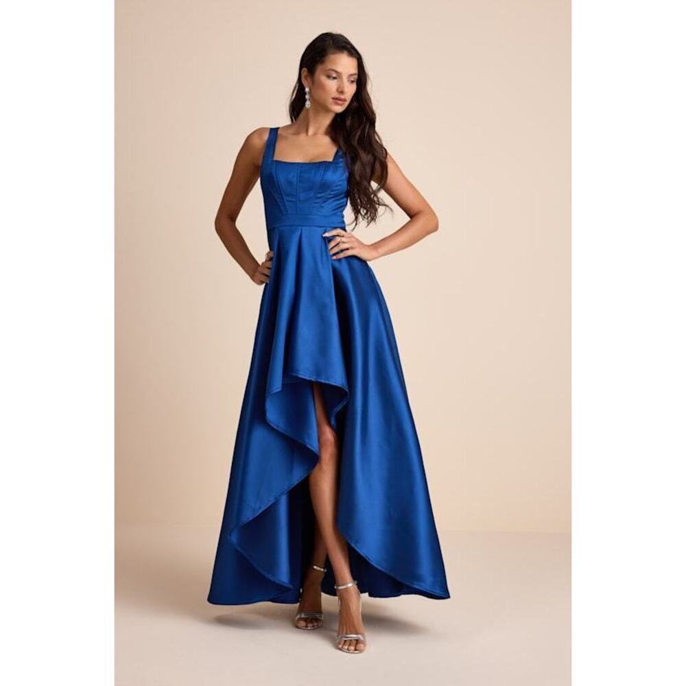Lulus Wisola Blue Taffeta Pleated Corset High-low Maxi Dress - Size L